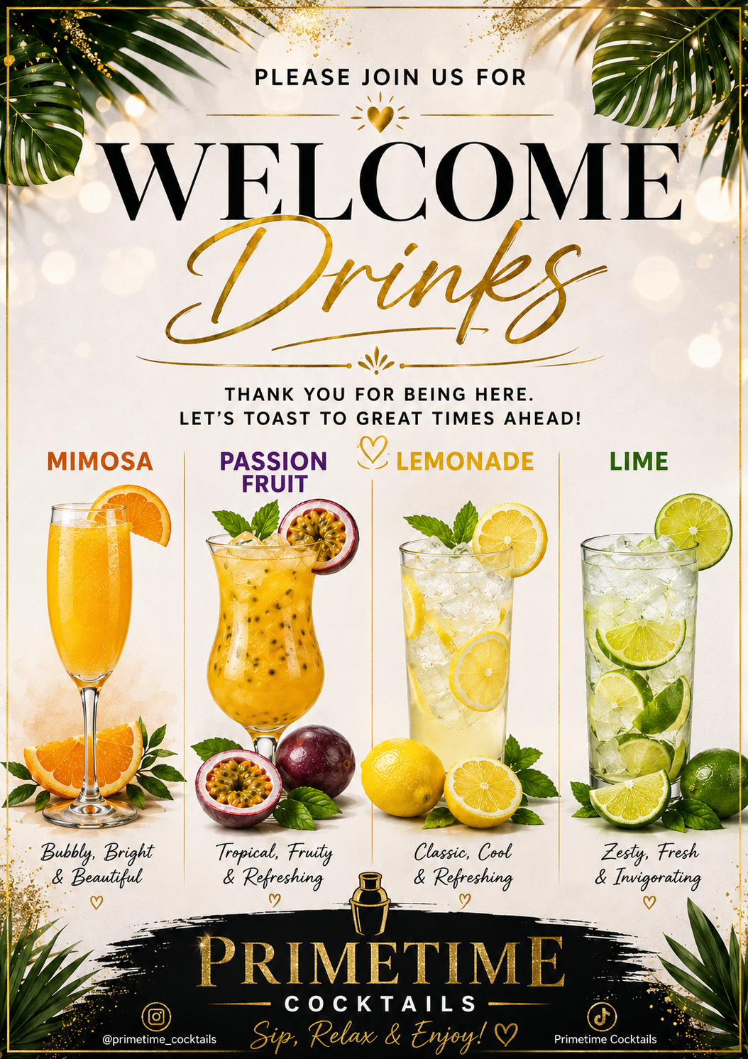 Welcome drinks menu